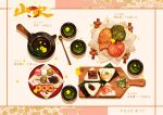  board chinese_commentary commentary_request cup cyannism dango drink floral_background flower food food_request green_tea highres napkin no_humans onigiri original petals plate rice seaweed tea teacup teapot translation_request wagashi yellow_flower 