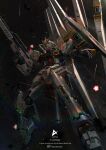  absurdres artist_name asteroid beam_rifle brayanong999 char&#039;s_counterattack character_name commentary energy_gun english_text explosion fin_funnels full_body glowing glowing_eyes green_eyes gun gundam highres holding holding_gun holding_weapon insignia legs_apart lens_flare light_particles mecha mecha_focus mobile_suit no_humans nu_gundam open_hand robot science_fiction solo space star_(sky) v-fin weapon 