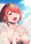  1girl absurdres areolae bangs blush breasts cloud commentary hands_on_own_chest highres large_breasts lens_flare nipples one_eye_closed open_mouth pyra_(xenoblade) red_eyes red_hair short_hair signature sky solo suggestive_fluid swept_bangs tears tiara upper_body water_drop wet xenoblade_chronicles_(series) xenoblade_chronicles_2 zhan_bu 