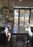  +++ 2girls black_skirt blonde_hair blue_hair blue_pants blush closed_eyes commentary_request head_rest indoors izumi_shiho jacket long_hair mizuguchi_aki multiple_girls necoco_harukuni pants photo_background sasayaku_you_ni_koi_wo_utau short_hair sidelocks sitting skirt squiggle table white_jacket 