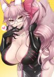  1girl animal_ear_fluff animal_ears bangs black_bodysuit black_choker bodysuit bow breasts center_opening choker cleavage collarbone eyebrows_visible_through_hair fate/grand_order fate_(series) finger_to_mouth fox_ears fox_girl fox_tail glasses grin hair_between_eyes hair_bow heart hip_vent koyanskaya_(fate) large_breasts leaning_forward long_hair looking_at_viewer pink_bow pink_hair ponytail sidelocks smile solo spoken_heart tail tamamo_(fate) thighs tukisaya yellow_background yellow_eyes 