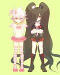  2boys absurdly_long_hair alternate_hairstyle bandaged_arm bandages bangs bear_hair_ornament black_choker black_neckwear black_shirt boots bow brown_hair character_hair_ornament choker collarbone commentary_request cosplay cross-laced_footwear crossdressing crossed_arms danganronpa_(series) danganronpa_2:_goodbye_despair enoshima_junko enoshima_junko_(cosplay) gradient_hair grey_hair hair_bow hair_ornament hair_over_one_eye hands_up kamukura_izuru keroro7 knee_boots komaeda_nagito layered_skirt long_hair looking_at_viewer miniskirt multicolored_hair multiple_boys navel necktie pink_bow pink_legwear pink_skirt plaid plaid_skirt red_bow red_eyes red_nails red_skirt shirt simple_background skirt stomach striped striped_legwear thighhighs twintails usami_(danganronpa) usami_(danganronpa)_(cosplay) very_long_hair white_legwear wings 