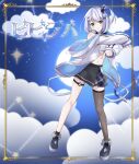  1girl absurdres aqua_eyes arms_up bandeau black_footwear black_skirt black_thighhighs blue_background blue_jacket border closed_mouth cloud commentary eighth_note fishnet_thighhighs fishnets frilled_bandeau full_body grey_hair hair_ornament headphones headphones_around_neck highres inset_border jacket kiryu_(sora_no_iroto) long_sleeves medium_hair midriff million_production miniskirt multicolored_hair musical_note musical_note_hair_ornament navel nonono_nono off_shoulder one_side_up open_clothes open_jacket ornate_border pleated_skirt purple_hair shoes single_thighhigh skirt sleeves_past_wrists smile solo song_name split_mouth streaked_hair thighhighs two-sided_fabric two-sided_jacket v-shaped_eyebrows virtual_youtuber white_bandeau white_jacket x_hair_ornament 