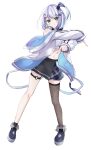  1girl absurdres aqua_eyes arms_up bandeau black_footwear black_skirt black_thighhighs blue_jacket closed_mouth commentary eighth_note fishnet_thighhighs fishnets frilled_bandeau full_body grey_hair hair_ornament headphones headphones_around_neck highres jacket kiryu_(sora_no_iroto) long_sleeves medium_hair midriff million_production miniskirt multicolored_hair musical_note musical_note_hair_ornament navel nonono_nono off_shoulder one_side_up open_clothes open_jacket pleated_skirt purple_hair shoes simple_background single_thighhigh skirt sleeves_past_wrists smile solo split_mouth streaked_hair thighhighs two-sided_fabric two-sided_jacket v-shaped_eyebrows virtual_youtuber white_background white_bandeau white_jacket x_hair_ornament 