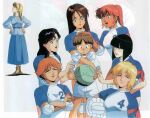  1boy 6+girls absurdres anime_coloring ankle_boots aqua_eyes aqua_sleeve_cuffs aqua_sleeves ball black_hair bleed_through blonde_hair blue_eyes blue_sleeves blunt_bangs blunt_ends bob_cut boots bowl_cut breasts brown_footwear brown_hair closed_mouth connie_francis cowboy_shot dress earrings everyone facing_viewer fingerless_gloves freckles full_body gloves gundam gym_uniform hair_behind_ear hairband half_updo hand_on_another&#039;s_head hands_on_own_hips haro helen_jackson high_heel_boots high_heels high_ponytail highres jewelry junko_jenko kate_bush katejina_loos knee_pads legs_apart light_brown_hair lipstick long_hair long_skirt looking_at_another mahalia_merril makeup medium_breasts medium_hair multiple_girls necklace official_alternate_costume open_mouth peggy_lee ponytail profile puffy_short_sleeves puffy_shorts puffy_sleeves purple_hair purple_hairband raglan_sleeves red_hair red_lips retro_artstyle robot scan scan_artifacts shirt short_hair short_sleeves shorts shoulder_pads shrike_team_(victory_gundam) sidelocks skirt sleeve_cuffs sportswear tan third-party_source tongue upper_body uso_ewin victory_gundam volleyball volleyball_(object) wavy_sidelocks white_background white_shirt white_sleeves 