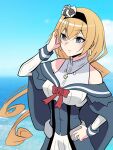  1girl black_hairband blonde_hair blue_capelet blue_dress blue_eyes blue_overskirt blue_sky breasts capelet cloud comiket_104 commentary_request cowboy_shot crown day dress hairband hand_on_own_hip highres jewelry kanade_(kanadeya) kantai_collection long_hair low-tied_long_hair low_ponytail medium_breasts mini_crown necklace off-shoulder_dress off_shoulder outdoors sky solo valiant_(kancolle) 
