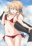  1girl anchor_hair_ornament bikini black_towel blonde_hair blue_sky breasts cloud commentary_request cowboy_shot fuji_(pixiv24804665) green_eyes hair_ornament highres iron_cross kantai_collection long_hair looking_at_viewer lowleg lowleg_bikini open_mouth prinz_eugen_(kancolle) side-tie_bikini sky small_breasts solo swimsuit twintails upper_teeth 