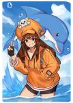  1girl blue_sky brown_eyes brown_hair dolphin fingerless_gloves gloves guilty_gear guilty_gear_strive hat highres hood hoodie luzzeo00 may_(guilty_gear) orange_headwear orange_hoodie shorts skull_and_crossbones sky smile water 