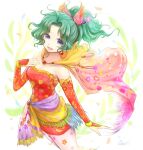  1girl bare_shoulders belly_chain blue_eyes breasts brooch cape curtained_hair detached_sleeves dress earrings final_fantasy final_fantasy_vi floral_print gem gold_trim gradient_cape green_hair hair_ribbon hand_on_own_chest hand_up highres jewelry long_sleeves looking_at_viewer open_mouth pantyhose parted_bangs pencil_dress pink_cape pink_ribbon ponytail print_cape print_dress print_pantyhose purple_sash red_dress red_gemstone red_sleeves ribbon sash short_dress smile solo sphere_earrings strapless strapless_dress tassel tassel-trimmed_cape terra_branford two-tone_cape yellow_cape yellow_sash yellow_trim yoshiyanmisoko2 