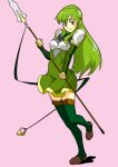  1girl armor boobplate boots closed_mouth dress fire_emblem fire_emblem:_mystery_of_the_emblem full_body gradient gradient_background green_dress green_eyes green_footwear green_hair headband highres holding holding_polearm holding_spear holding_weapon leg_up long_hair looking_at_viewer palla_(fire_emblem) pink_background polearm pretty-purin720 shadow short_dress shoulder_armor smile solo spear standing standing_on_one_leg thigh_boots thighhighs very_long_hair weapon white_headband zettai_ryouiki 