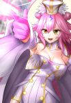  1girl animal_ear_fluff animal_ears bangs blush breasts buttons cleavage coat detached_collar double-breasted double_bun dress fate/grand_order fate_(series) finger_gun fox_tail gloves hair_between_eyes halo hat highres koyanskaya_(fate) large_breasts long_hair long_sleeves looking_at_viewer open_clothes open_coat open_mouth pink_gloves pink_hair pointing rabbit_ears short_dress sidelocks smile sphere-stc tail tamamo_(fate) very_long_hair white_coat white_dress white_headwear wide_sleeves yellow_eyes 