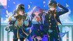  1boy 1girl 2girls absurdres bb_(fate) bird black_hat black_pants black_pantyhose black_serafuku black_skirt black_thighhighs blush bow breasts brown_eyes brown_hair closed_eyes falling_petals fate/grand_order fate_(series) gloves hair_bow hair_ornament hand_on_headwear hat highres kishinami_hakuno_(female) large_breasts light_(nightty45) long_hair long_sleeves looking_at_another looking_at_viewer medium_breasts multiple_girls neckerchief one_eye_closed open_mouth orange_neckerchief outdoors pants pantyhose petals pigeon purple_hair red_bow school_uniform serafuku shirt skirt smile thighhighs two-sided_fabric white_gloves white_shirt wide_sleeves 