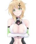  1girl absurdres akatsuki_kirika areola_slip areolae blaze_pso2 blonde_hair blush breasts cleavage closed_mouth collarbone crossed_arms elbow_gloves eyebrows_visible_through_hair gloves green_eyes hair_ornament highres large_breasts looking_at_viewer navel senki_zesshou_symphogear shiny shiny_hair short_hair simple_background smile solo upper_body white_background x_hair_ornament 