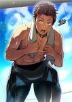  1boy abs blue_sky brown_eyes brown_hair cloud highres holding holding_towel leaning_forward looking_at_viewer male_focus male_swimwear navel nipples open_mouth original outdoors short_hair sky solo sweat thick_thighs thighs toned toned_male towel towel_around_neck watari_yuu_(haskey) 