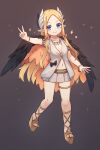  1girl abigail_williams_(fate) alternate_ears armlet bare_shoulders belt blonde_hair blue_eyes blush bow bracelet breasts circe_(fate) circe_(fate)_(cosplay) circlet commentary cosplay english_commentary fate/grand_order fate_(series) feathered_wings forehead full_body hair_bow head_wings highres jewelry legs long_hair looking_at_viewer miya_(miyaruta) necklace orange_bow parted_bangs platform_footwear pointy_ears shirt skirt sleeveless sleeveless_shirt small_breasts smile solo thighlet white_shirt white_skirt wings 