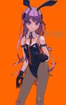  1girl animal_ears bangs bare_shoulders black_gloves braid breasts character_name cleavage closed_mouth collarbone commentary_request contrapposto covered_navel danganronpa:_trigger_happy_havoc danganronpa_(series) eyebrows_visible_through_hair fake_animal_ears feet_out_of_frame fishnet_legwear fishnets gloves hair_ribbon highres kirigiri_kyouko leotard long_hair long_legs medium_breasts necktie nzeneee official_alternate_costume orange_background pantyhose playboy_bunny purple_eyes purple_hair rabbit_ears red_neckwear ribbon simple_background single_braid solo strapless strapless_leotard 