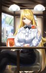  1girl alternate_costume black_pants blonde_hair breasts cafe casul crossed_legs cup cynthia_(pokemon) english_commentary grey_eyes highres holding holding_cup indoors long_hair long_sleeves pants pitcher pokemon pokemon_(game) pokemon_dppt shirt sitting solo table tea teacup very_long_hair white_shirt 