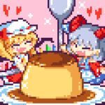  2girls blonde_hair blue_dress closed_eyes crystal curled_horns custard dress fang flandre_scarlet food grey_hair heart holding horns kumamoto_(bbtonhk2) lowres multiple_girls open_mouth oversized_food pink_background pixel_art plate pointy_ears red_horns red_sleeves short_hair simple_background smile star_(symbol) symbol-only_commentary touhou toutetsu_yuuma utensil white_headwear wings 