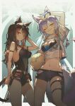  2girls absurdres animal_ears arknights arm_strap bangs bare_legs belt bikini black_bikini black_choker black_shorts black_swimsuit breasts brown_hair cat_ears cat_girl cat_tail choker cleavage cleavage_cutout closed_mouth clothing_cutout commentary_request cropped_jacket ear_piercing expressionless eyewear_on_head groin hand_up highres holster jacket kensei_(v2) large_breasts large_tail long_hair looking_at_viewer midriff multiple_girls navel official_alternate_costume one-piece_swimsuit one_eye_closed palm_tree parted_lips piercing provence_(arknights) provence_(casual_vacation)_(arknights) purple_hair red_eyes see-through_jacket short_sleeves shorts skin_tight skyfire_(arknights) skyfire_(temperature_difference)_(arknights) smile sunglasses swimsuit tail thigh_holster tree upper_teeth wand white_jacket wolf_ears wolf_girl wolf_tail yellow_eyes 
