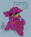 bedroom_eyes beffica_winklesnoot bugsnax dialogue dogeoisie fangs feet female foot_fetish foot_fetish_validation foot_focus grumpus humiliation narrowed_eyes nude pawpads public public_humiliation purple_body ruined_reputation seductive solo teeth texting young_horses