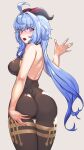  1girl :o ahoge ass bangs bare_back black_bodysuit blue_hair blush bodysuit commentary_request eyebrows_visible_through_hair from_behind ganyu_(genshin_impact) genshin_impact hair_between_eyes highres horns jamgom long_hair looking_at_viewer looking_back purple_eyes sidelocks simple_background solo twisted_torso 