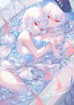  2girls absurdres arknights black_headwear blue_flower blue_rose commentary flower highres multiple_girls nude partially_submerged rose sheya skadi_(arknights) specter_(arknights) symbol-only_commentary thighs water yuri 