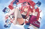  1girl absurdres animal_ears beret black_hat blush breasts chattino_(raora_panthera) cleavage commentary floating_hair goggles goggles_on_head hat highres hololive hololive_english jacket knees_together_feet_apart knees_up large_breasts long_hair looking_at_viewer open_clothes open_jacket open_mouth panther_ears panther_girl panther_tail paw_socks pink_hair raora_panthera red_jacket rorirori_(rorirori45) smile soles tail thighhighs thighs virtual_youtuber white_thighhighs white_unitard yellow_eyes 