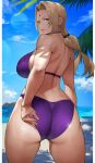  1girl absurdres adjusting_clothes adjusting_swimsuit arm_behind_back ass bare_shoulders beach bikini blonde_hair blue_sky breasts brown_eyes cloud cowboy_shot day facial_mark forehead_mark from_behind highres legs_apart lens_flare long_hair looking_at_viewer looking_back low_twintails mature_female naruto_(series) ocean outdoors parted_lips purple_bikini sand shadow skindentation sky solo standing swimsuit thighs tsunade_(naruto) twintails wet yoshio_(55level) 