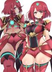  1girl absurdres asyura_kumo bangs black_gloves breasts chest_jewel earrings fingerless_gloves gloves highres jewelry large_breasts pyra_(xenoblade) red_eyes red_hair red_legwear red_shorts short_hair short_shorts shorts solo swept_bangs thighhighs tiara xenoblade_chronicles_(series) xenoblade_chronicles_2 