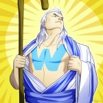  1boy age_of_empires artist_name blue_eyes commission english_commentary frown highres holding holding_staff hot-gothics long_hair male_focus parody pectorals priest_(aoe) robe solo staff superman_(series) undressing white_hair wide_sleeves wololo yellow_background 
