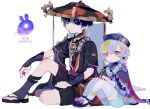  1boy 1girl armor bandages bangs bead_necklace beads black_nails coin_hair_ornament genshin_impact hair_between_eyes hands_on_own_knees hat highres japanese_armor jewelry jiangshi kote kurokote necklace ofuda open_clothes open_shirt purple_eyes purple_hair qing_guanmao qiqi_(genshin_impact) red_eyes rope scaramouche_(genshin_impact) seelie_(genshin_impact) shaded_face shima_(vivi_do) shimenawa shoes short_hair short_sleeves sitting socks thighhighs translation_request veil vision_(genshin_impact) white_background white_legwear wide_sleeves zouri 