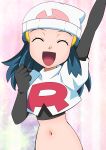  1girl ^_^ arm_up beanie black_gloves blue_hair clenched_hand closed_eyes cosplay dawn_(pokemon) elbow_gloves gloves gradient gradient_background hainchu hair_ornament hairclip hat highres jessie_(pokemon) jessie_(pokemon)_(cosplay) looking_at_viewer medium_hair midriff navel pokemon pokemon_(anime) pokemon_dppt_(anime) single_letter smile solo 