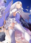  1girl absurdres ass bangs bikini black_gloves blue_dress breasts brown_eyes dress eyebrows_visible_through_hair fairy_knight_lancelot_(fate) fate/grand_order fate_(series) frills gloves highres long_hair long_sleeves looking_at_viewer looking_back looking_to_the_side panties parted_lips pretty-purin720 sidelocks small_breasts solo swimsuit thighhighs thighs underwear upskirt weapon white_bikini white_hair white_legwear 