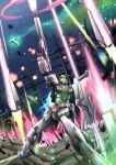  absurdres axis_(gundam) battle beam_rifle char's_counterattack commentary energy_gun exhaust explosion fin_funnels firing glowing glowing_eyes green_eyes gun gundam highres holding holding_gun holding_weapon last_shooting light_particles mecha no_humans nu_gundam psycho_frame robot science_fiction shield solo space thrusters troy_(oxaa01ex) v-fin war weapon 