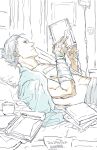  1boy abs amatuki bandage_on_chest bandaged_arm bandages bare_pectorals bed blue_coat book closed_mouth coat coffee_mug collarbone commentary cup dated devil_may_cry_(series) door hair_slicked_back highres holding holding_book hospital hospital_bed injury intravenous_drip light_switch lying male_focus mug on_back open_clothes open_coat pectorals reading sketch solo twitter_username upper_body vergil_(devil_may_cry) white_hair 