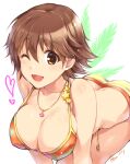  1girl bare_shoulders bent_over bikini breasts brown_eyes brown_hair cleavage highres honda_mio idolmaster idolmaster_cinderella_girls large_breasts looking_at_viewer necktie one_eye_closed open_mouth orange_bikini paopao short_hair solo swimsuit white_background 