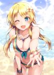  1girl absurdres ahoge bare_shoulders beach bikini blonde_hair blue_eyes blue_sky bracelet breasts cleavage closed_mouth collarbone commentary_request day hachimiya_meguru highres idolmaster idolmaster_shiny_colors jewelry large_breasts long_hair looking_at_viewer low_twintails necklace ocean one_eye_closed open_mouth outdoors paopao reaching_out sky solo string_bikini swimsuit twintails yellow_bikini 