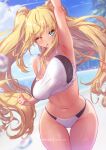  1girl arm_up armpits beach blonde_hair bouncing_breasts breasts dumbbell_nan_kilo_moteru? green_eyes large_breasts long_hair mitsu_(mitsu_art) mouth_hold navel one_eye_closed patreon_username reward_available sakura_hibiki sports_bikini sweat tan thigh_gap very_long_hair 