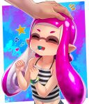  1boy 1girl :d ^_^ blush born-to-die camisole candy closed_eyes collarbone commentary domino_mask english_commentary food hand_on_another&#039;s_head heart highres inkling lollipop long_hair mask mouth_hold musical_note navel open_mouth petting pink_hair pointy_ears smile solo_focus splatoon_(series) star_(symbol) striped_camisole tentacle_hair 