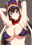  1girl armpits arms_behind_head arms_up bangs bare_shoulders bead_necklace beads bikini blush breasts bridal_gauntlets brown_hair cleavage earrings fate/grand_order fate_(series) hair_between_eyes hat highres hoop_earrings jewelry large_breasts long_hair looking_at_viewer necklace prayer_beads ps3c0d8f purple_bikini purple_eyes solo sweat swimsuit xuangzang_sanzang_(fate) 