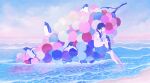  1girl bangs beach bird black_hair food fruit grapes horizon long_hair original oversized_food penguin profile reflection sailor_collar shirt short_sleeves soaking_feet solo surreal tabisumika twintails waves white_sailor_collar white_shirt wide_shot 