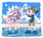  1boy 1girl ;d bow caitlin_(pokemon) cloud day dress eyelashes gen_4_pokemon green_shorts hat hat_bow highres holding holding_pokemon one_eye_closed open_mouth outdoors pink_dress piplup pokemon pokemon_(creature) pokemon_(game) pokemon_dppt pokemon_platinum sand sandals scrunchie shiny shiny_skin shore shorts sky smile standing thorton_(pokemon) toes tongue tora_(ctiger) twitter_username wading water white_bow white_headwear wrist_scrunchie younger 