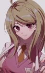  1girl ahoge akamatsu_kaede bangs blonde_hair blush breasts closed_mouth collared_shirt danganronpa_(series) danganronpa_v3:_killing_harmony eyebrows_visible_through_hair hair_ornament hand_up highres holding_strap long_hair looking_at_viewer musical_note musical_note_hair_ornament necktie nzeneee pink_eyes pink_vest shiny shiny_hair shirt simple_background solo sweater_vest upper_body vest white_shirt 