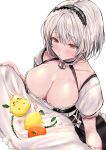  1girl absurdres anchor_choker apple apron apron_lift azur_lane black_choker black_dress black_hairband blush breasts choker cleavage dress food frilled_dress frills from_above fruit hairband highres large_breasts lemon manjuu_(azur_lane) maria_(syake-uni) puffy_short_sleeves puffy_sleeves red_eyes short_hair short_sleeves simple_background sirius_(azur_lane) solo white_background white_hair 