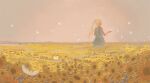  1girl blonde_hair bug butterfly dress field flower flower_field from_behind grey_dress hands_up horizon insect long_hair original outdoors sleeveless sleeveless_dress solo standing tabisumika upper_body white_butterfly yellow_flower 