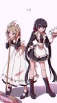  2girls ahoge akamatsu_kaede alternate_costume apron bad_proportions bandaid bangs black_dress black_footwear black_hair blush boots broom commentary_request cross-laced_footwear cup danganronpa_(series) danganronpa_v3:_killing_harmony dress enmaided frilled_dress frills full_body hair_ornament hair_scrunchie hairclip hand_on_hip harukawa_maki high_heels highres holding holding_tray lace-up_boots leaning_forward long_hair long_sleeves looking_at_viewer low_twintails maid maid_apron maid_headdress multiple_girls nzeneee pink_background pout puffy_sleeves purple_eyes red_scrunchie scrunchie short_dress standing teacup teapot tray twintails very_long_hair waist_apron white_apron 