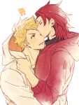  2boys blonde_hair blush closed_eyes couple forehead_kiss granblue_fantasy green_eyes hands_on_another&#039;s_hips hood hooded_jacket hug jacket kiss male_focus multiple_boys one_eye_closed ono_(0_no) open_mouth percival_(granblue_fantasy) red_hair red_jacket short_hair simple_background upper_body vane_(granblue_fantasy) white_jacket yaoi 