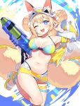  1girl :d absurdres animal_ears anklet armpits bare_shoulders blonde_hair blue_eyes breasts eyebrows_visible_through_hair fluffy fox_ears hand_up high_heels highres inaho_(world_flipper) jewelry leg_up long_hair navel one_eye_closed open_mouth shibainu smile solo swimsuit tail thigh_gap toes visor_cap water_gun world_flipper 