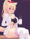 animal_humanoid blonde_hair bottomless bra breasts cat_humanoid cleavage clothed clothing container cup fastrunner2024 felid felid_humanoid feline feline_humanoid female hair hi_res humanoid legwear mammal mammal_humanoid mug open_clothing open_shirt open_topwear ponytail pupils red_eyes shirt sitting slit_pupils solo steam tablet_pen thigh_highs tiffy_(fastrunner2024) topwear underwear