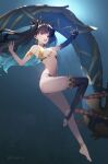  1girl :d armlet barefoot black_hair black_legwear breasts commentary earrings fate/grand_order fate_(series) full_body heavenly_boat_maanna highres hoop_earrings ishtar_(fate) ishtar_(fate)_(all) jewelry legs long_hair looking_at_viewer medium_breasts navel open_mouth red_eyes siino single_sleeve single_thighhigh smile solo thighhighs toes twitter_username two_side_up underboob 